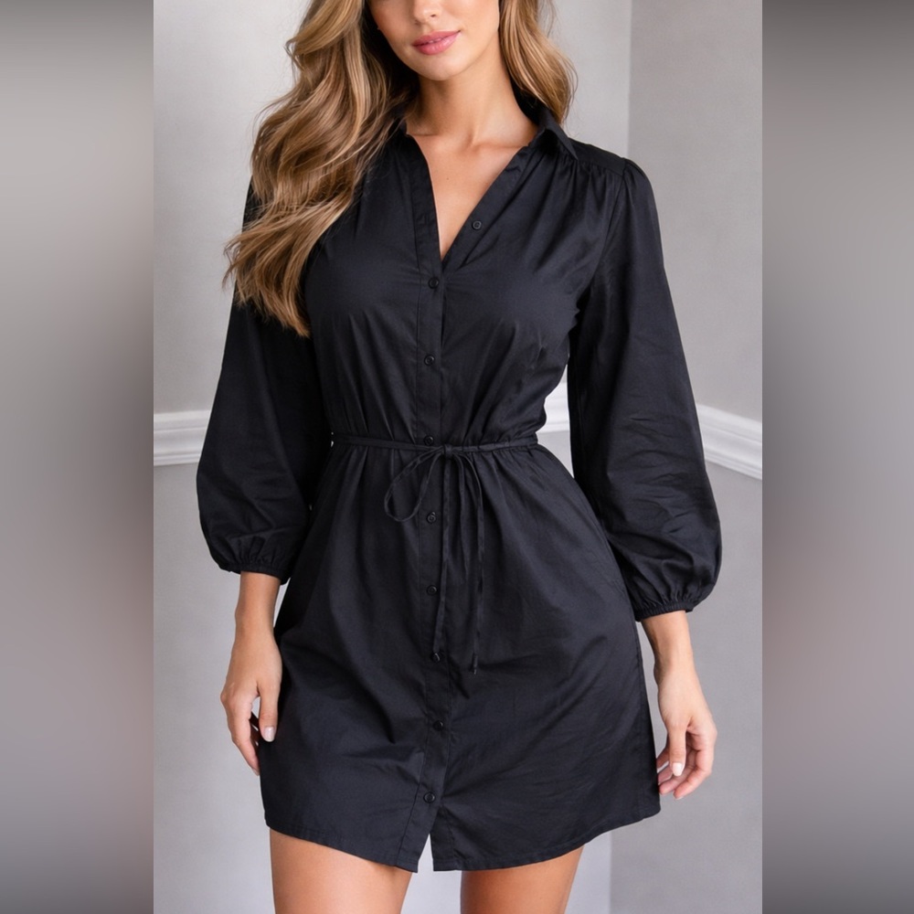 A New Day Women's 3/4 Sleeve Mini Button Shirt Dress Lightweight Black small